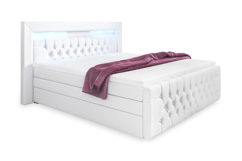 Franco Lyx Sengepakke 180x200 LED-belysning - Hvit/Kunstlær - Komplett sengepakke - Seng med oppbevaring - Dobbeltsenger