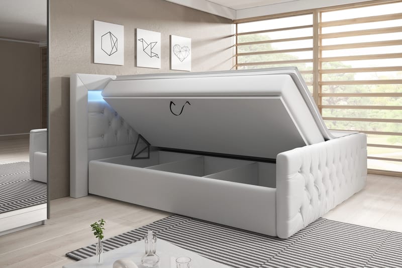 Franco Sengepakke 160x200 med Oppbevaring - Hvit/Kunstlær - Komplett sengepakke - Seng med oppbevaring - Dobbeltsenger