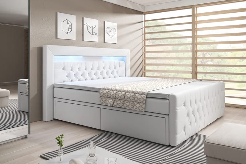 Franco Sengepakke 180x200 LED-belysning - Hvit/Kunstlær - Komplett sengepakke - Seng med oppbevaring - Dobbeltsenger