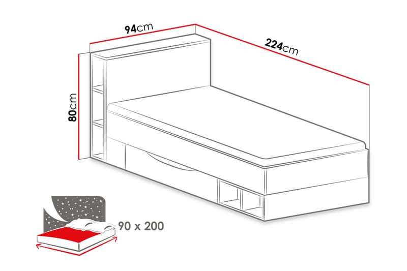 Mobis seng 94x224 cm - Hvit/Blå/Grønn - Seng med oppbevaring - Enkeltseng med oppbevaring