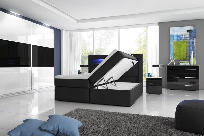 Modena Sengepakke 140x200 med Oppbevaring LED-belysning - Svart - Møbler - Senger - Seng med oppbevaring