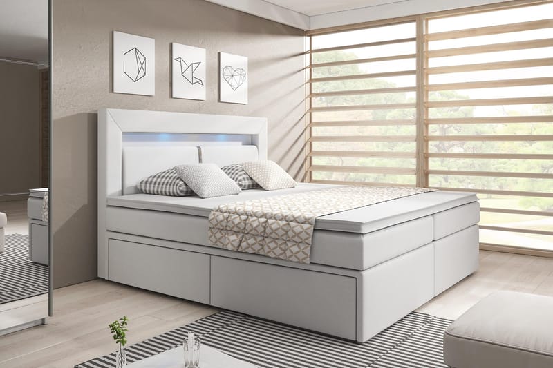 Modena Sengepakke 180x200 med Oppbevaring LED-belysning - Hvit - Møbler - Senger - Seng med oppbevaring