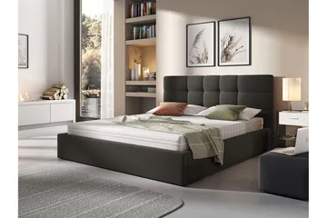 Nieres Sengepakke 160x200 cm i Stoff med Oppbevaring og Sengegavl + Overmadrass - Antrasitt - Møbler - Senger - Seng med oppbevaring