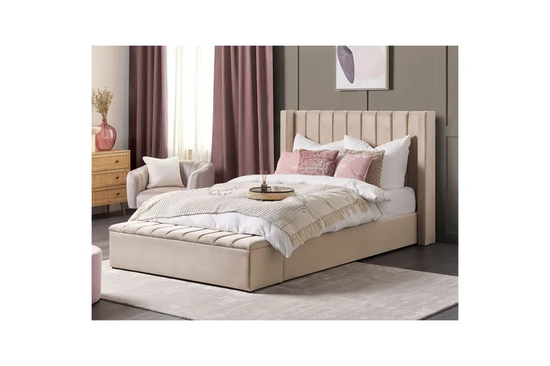 Säng med förvaringsbänk Beliani Noyers Beige, 160x200 cm Beige 160x200 - Møbler - Senger - Vannsenger
