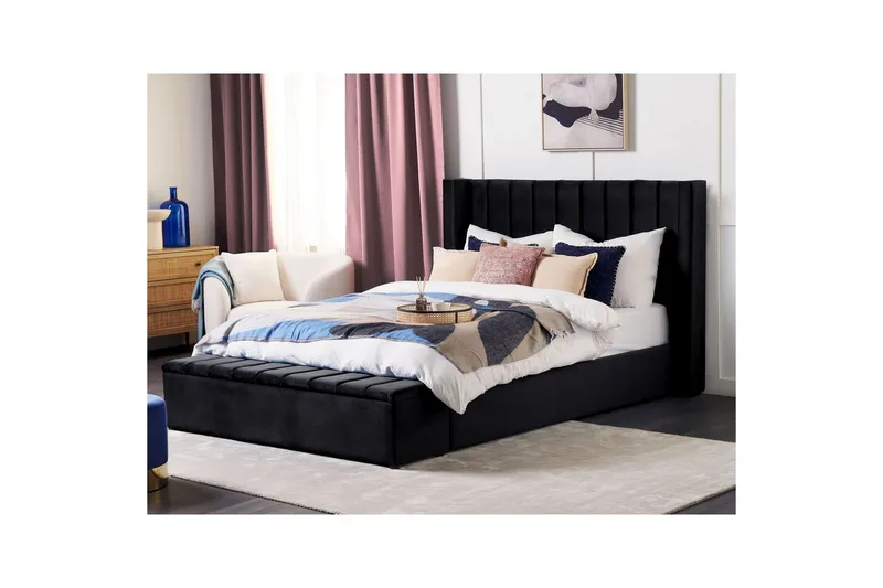 Säng med förvaringsbänk Beliani Noyers Beige, 160x200 cm Black 180x200 - Møbler - Senger - Familieseng