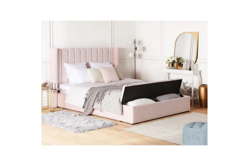 Säng med förvaringsbänk Beliani Noyers Beige, 160x200 cm Rose 160x200 - Møbler - Senger - Familieseng