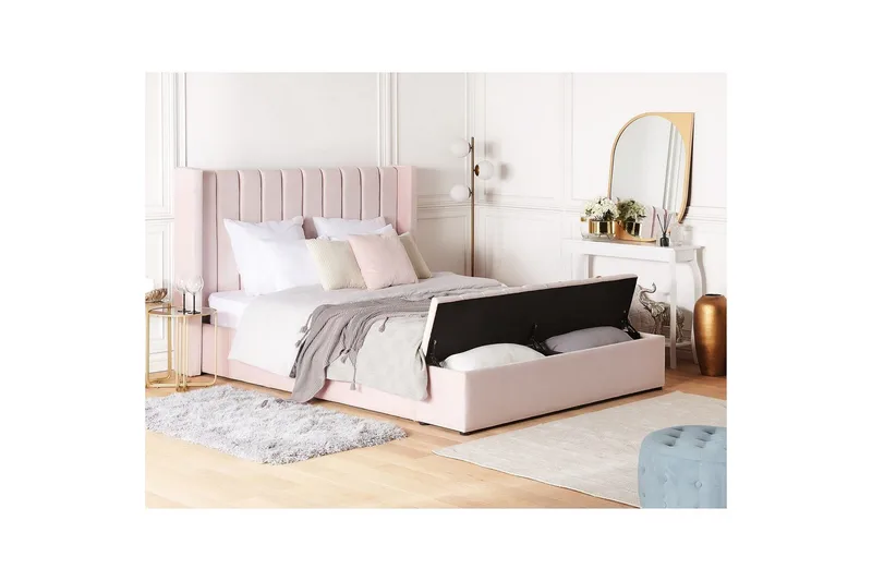 Säng med förvaringsbänk Beliani Noyers Beige, 160x200 cm Rose 180x200 - Møbler - Senger - Familieseng
