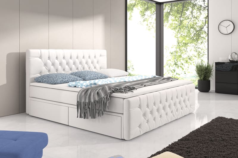 Velluto Oppbevaringsseng 180x200 med Fotgavl - Hvit Kunstlær - Komplett sengepakke - Seng med oppbevaring - Dobbeltsenger