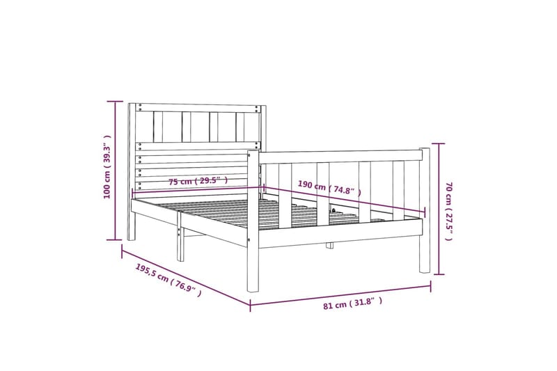 Sengeramme hvit heltre 75x190 cm 2FT6 Small Single - Hvit - Møbler - Senger - Sengeramme & sengestamme