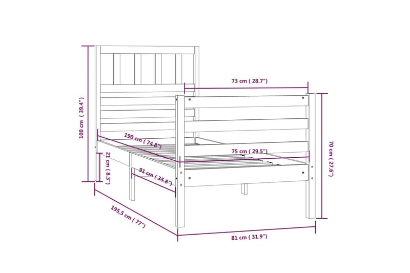 Sengeramme hvit heltre 75x190 cm 2FT6 Small Single - Hvit - Sengeramme & sengestamme