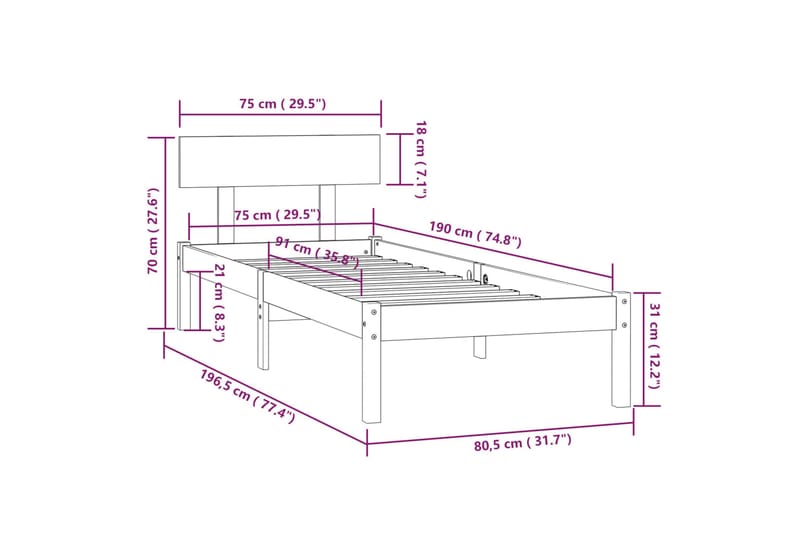 Sengeramme hvit heltre furu 75x190 cm UK Small Single - Hvit - Møbler - Senger - Sengeramme & sengestamme