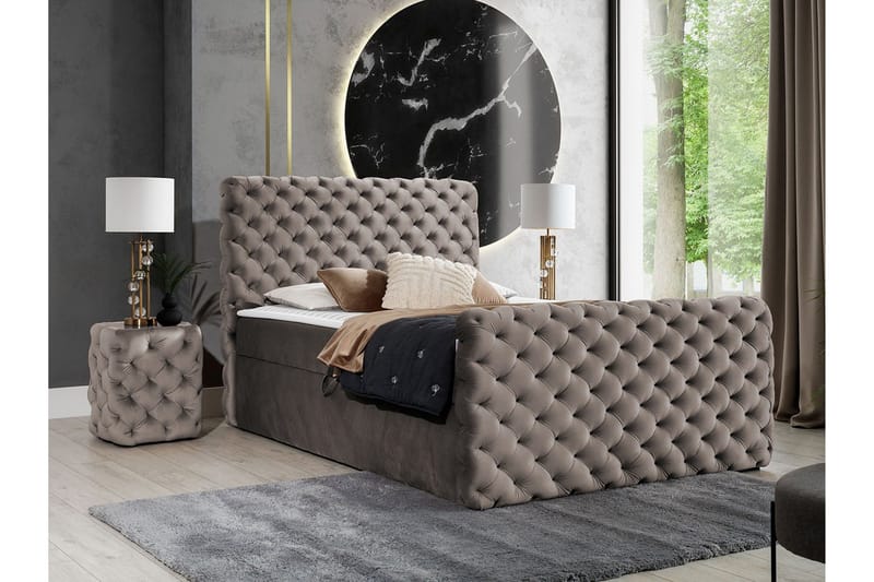 Almancil Sengepakke 140x200 cm med Sengegavl + Overmadrass med Fasthetsgrad Medium - Taupe - Møbler - Senger - Sengeramme & sengestamme