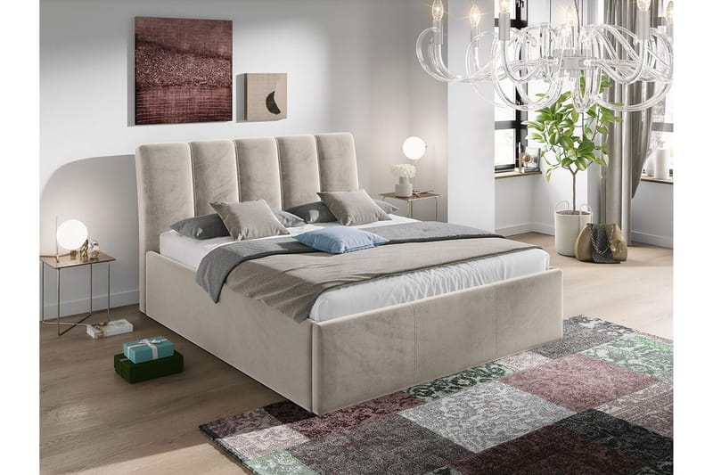 Aviemore Sengeramme 140x200 cm i Fløyel med Sengegavl og Oppbevaring - Beige - Møbler - Senger - Sengeramme & sengestamme