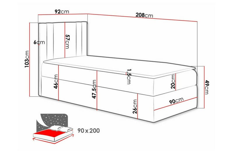 Betvallen Sengepakke med Oppbevaring 90x200 cm med Sengegavl + Overmadrass - Mørkegrå - Møbler - Senger - Sengeramme & sengestamme