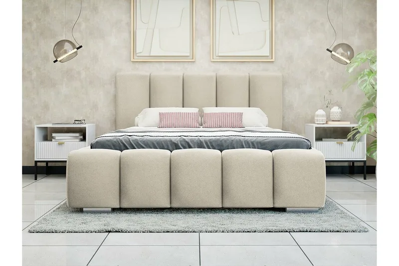 Cleaton Sengepakke 140x200 cm med Oppbevaring og Sengegavl + Overmadrass - Beige - Møbler - Senger - Sengeramme & sengestamme