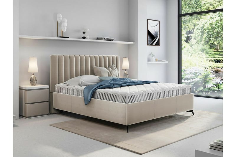 Derry Sengeramme 180x200 cm i Stoff med Oppbevaring og Sengegavl - Beige - Møbler - Senger - Sengeramme & sengestamme