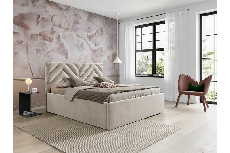 Derry Sengeramme med Oppbevaring 160x200 cm i Fløyel med Sengegavl - Beige - Møbler - Senger - Sengeramme & sengestamme