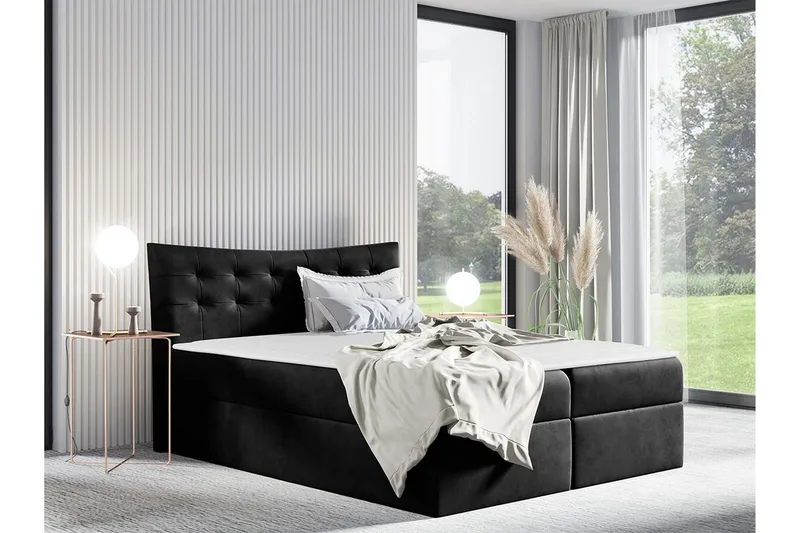Hayton Sengepakke 140x200 cm i Fløyel med Oppbevaring + Sengegavl + Overmadrass - Svart - Møbler - Senger - Sengeramme & sengestamme