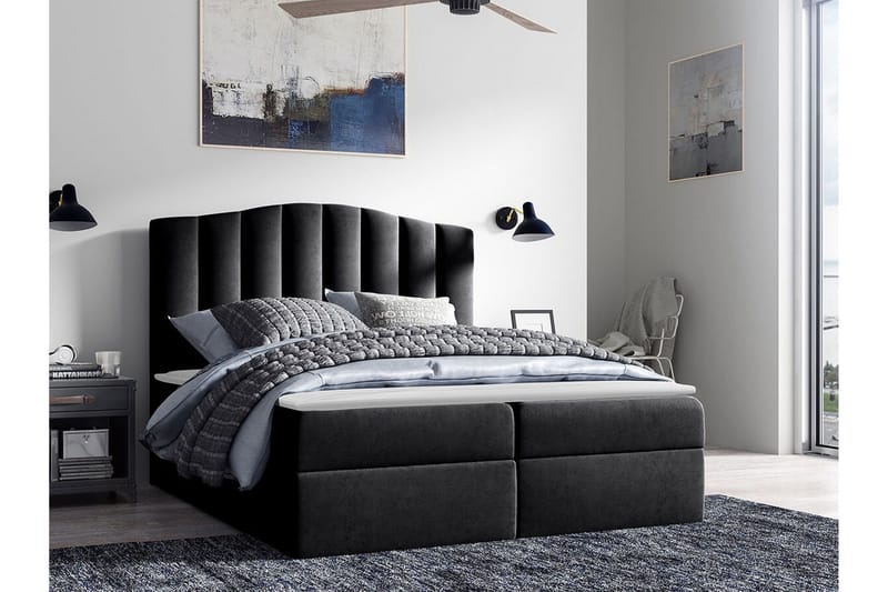 Herstello Sengepakke med Oppbevaring 120x200 cm i Fløyel med Sengegavl + Overmadrass - Svart - Møbler - Senger - Sengeramme & sengestamme