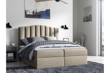 Herstello Sengepakke med Oppbevaring 140x200 cm i Fløyel med Sengegavl + Overmadrass - Beige - Møbler - Senger - Sengeramme & sengestamme