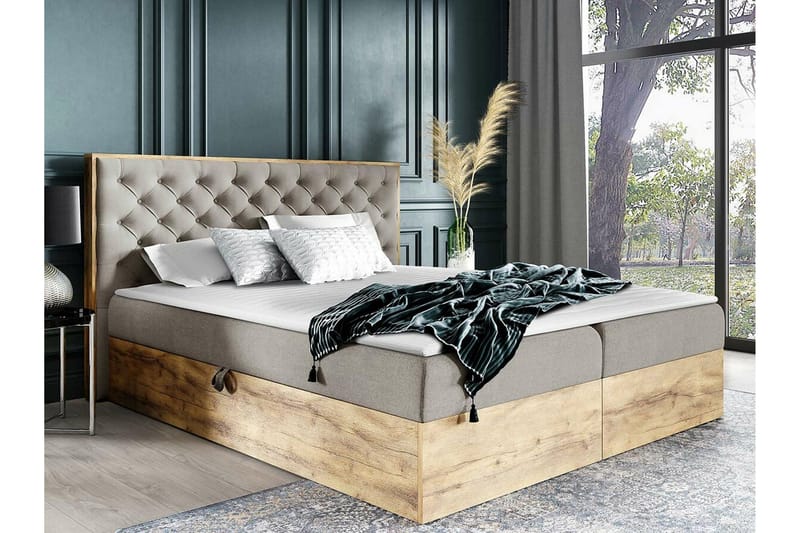 Oberting Sengepakke 200x200 cm i Stoff med Oppbevaring og Sengegavl + Overmadrass - Lys Beige - Møbler - Senger - Sengeramme & sengestamme