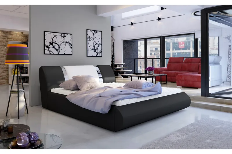 Perow Sengepakke 180x200 cm i Skinn med Sengegavl + Overmadrass, Svart|Hvit