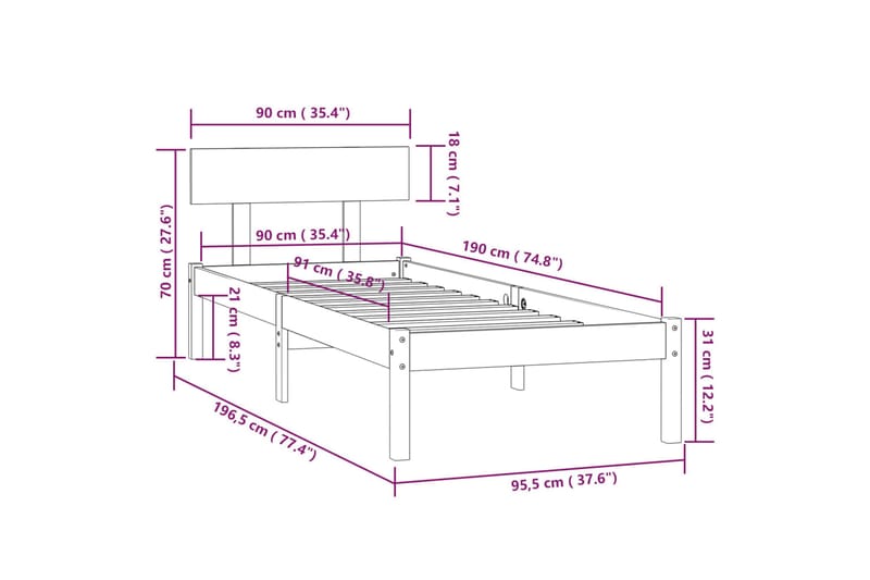 Sengeramme hvit heltre furu 90x190 cm UK Single - Hvit - Sengeramme & sengestamme