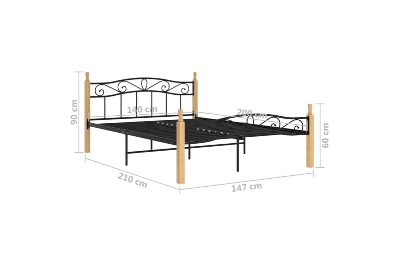 Sengeramme svart metall og heltre eik 140x200 cm - Svart - Møbler - Senger - Sengeramme & sengestamme