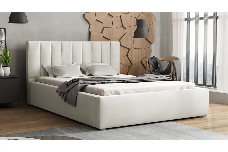 Valasco Sengeramme med Oppbevaring 120x200 cm i Stoff med Sengegavl - Lysebeige - Møbler - Senger - Sengeramme & sengestamme