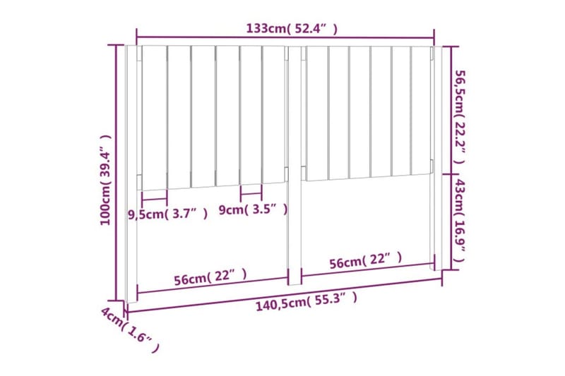 beBasic Sengegavl hvit 140,5x4x100 cm heltre furu - Hvit - Sengegavl