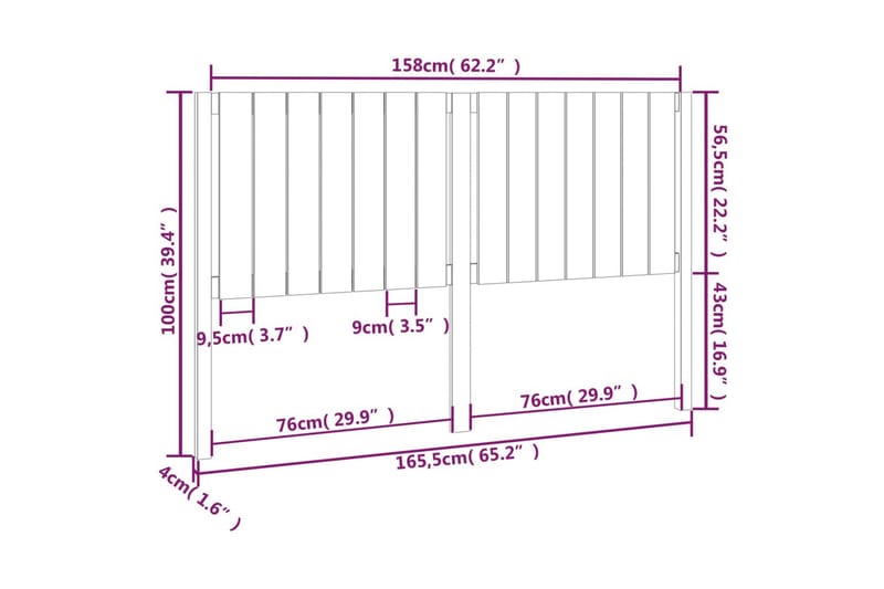 beBasic Sengegavl hvit 165,5x4x100 cm heltre furu - Hvit - Sengegavl