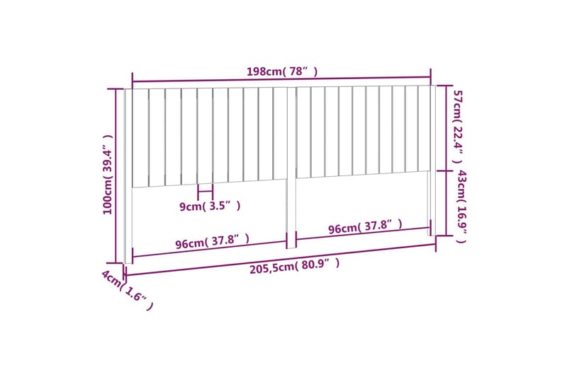 beBasic Sengegavl hvit 205,5x4x100 cm heltre furu - Hvit - Sengegavl