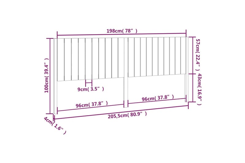 beBasic Sengegavl svart 205,5x4x100 cm heltre furu - Svart - Sengegavl