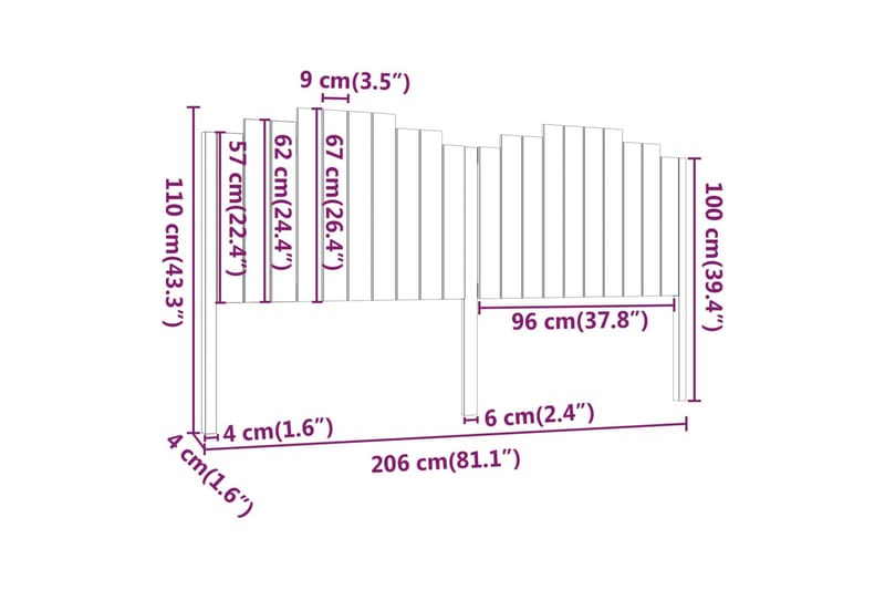 beBasic Sengegavl svart 206x4x110 cm heltre furu - Svart - Sengegavl