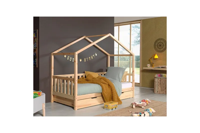 Husseng med skuff Dallas 90x200 cm Naturlig, Med gjerde - Naturlig, Med gjerde - Møbler - Senger - Sengetilbehør & sengegavl - Oppbevaring til senger