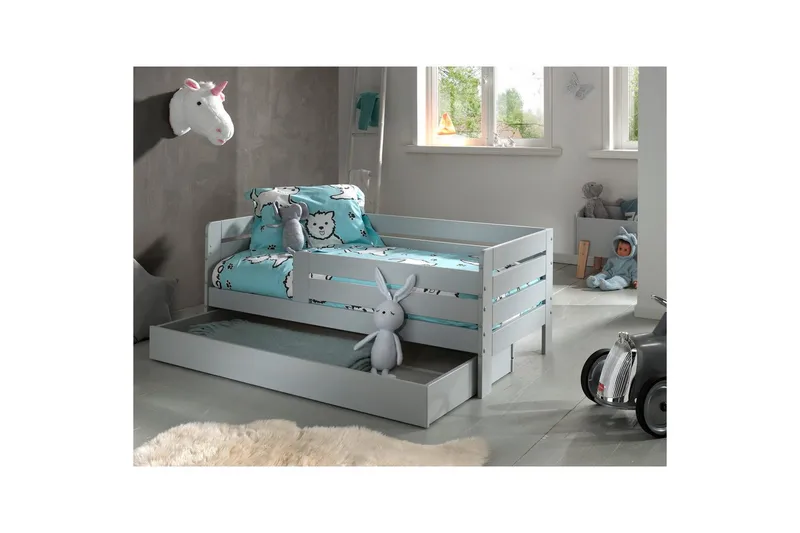 Juniorseng med rekkverk og skuff Småbarnsseng Grå - Grå - Møbler - Senger - Sengetilbehør & sengegavl - Oppbevaring til senger