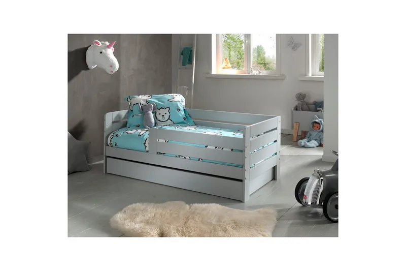 Juniorseng med rekkverk og skuff Småbarnsseng Grå - Grå - Møbler - Senger - Sengetilbehør & sengegavl - Oppbevaring til senger