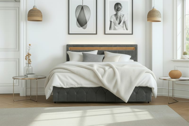 Tilly Komplett Sengpakke med Oppbevaring LED-belysning 180x200 cm - Grå - Møbler - Senger - Komplett sengepakke