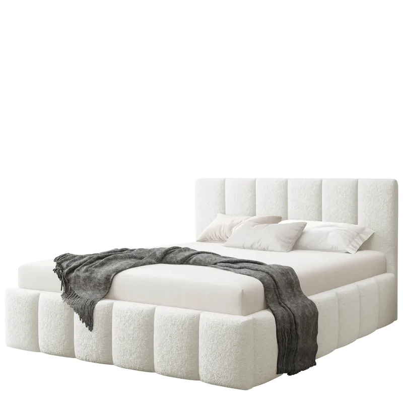Vinvik Sengeramme med Oppbevaring 140x200 cm i Bouclé med Trestativ, Hvit