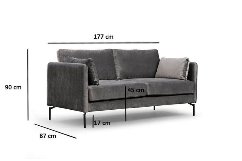 Mezonzo 2-seter Fløyelssofa 177 cm med Smale Armlener - Grå - Møbler - Sofaer - 2 seter sofa