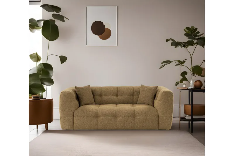 Octavian 2-seter Sofa med Knappet Kubisk i Bouclé, Brun