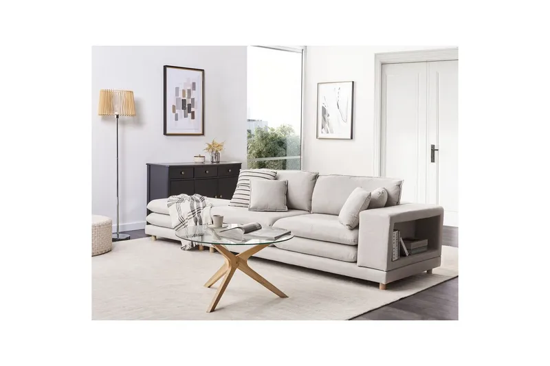 2-sitssoffa med fotpall Beliani Heden Beige/ljust trä Beige||Light colored wood - Møbler - Sofaer - 2 seter sofa