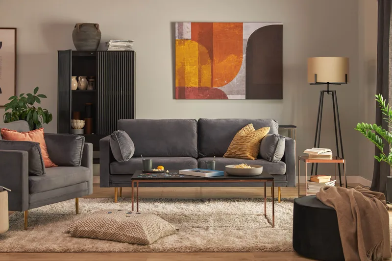 Bloom 3-seter Sofa i Fløyel med Metallben - Grå - Møbler - Sofaer - Sofa 3 seter