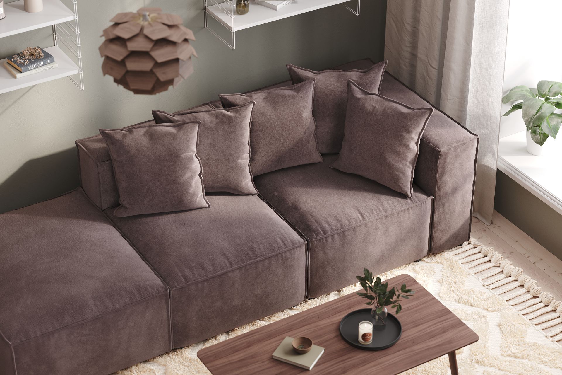 Cubo 3-seters Dyp Modulsofa + Fotskammel i Fløyel - Mørk grå - Møbler - Sofaer - Fløyel sofaer