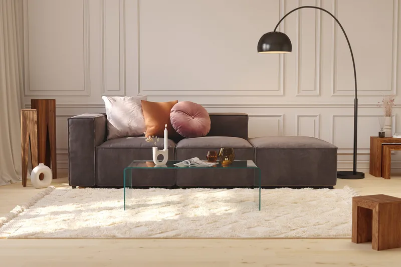 Cubo 3-seters Dyp Modulsofa + Fotskammel i Fløyel - Mørk grå - Møbler - Sofaer - Sofa 3 seter