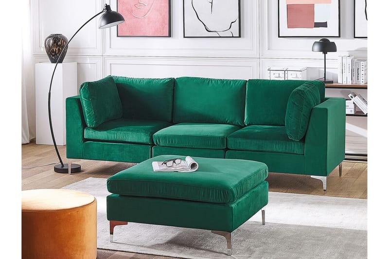 Evja 3-seters Sofa med Fotskammel - Fløyel/Grønn - Sofa 3 seter