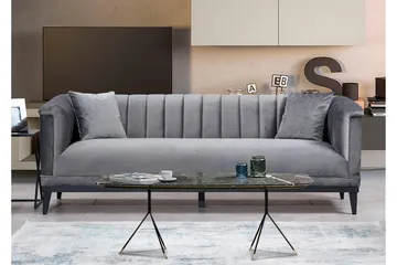 Mezonzo 3-seter Dyp Fløyelssofa 225 cm med Kanalsydd Rygg - Grå - Møbler - Sofaer - Sofa 3 seter