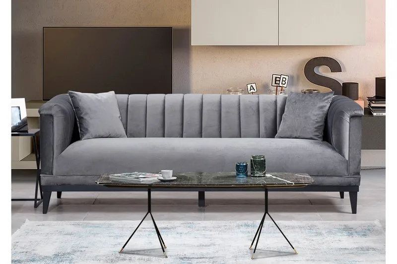 Mezonzo 3-seter Dyp Fløyelssofa 225 cm med Kanalsydd Rygg - Grå - Møbler - Sofaer - Sofa 3 seter