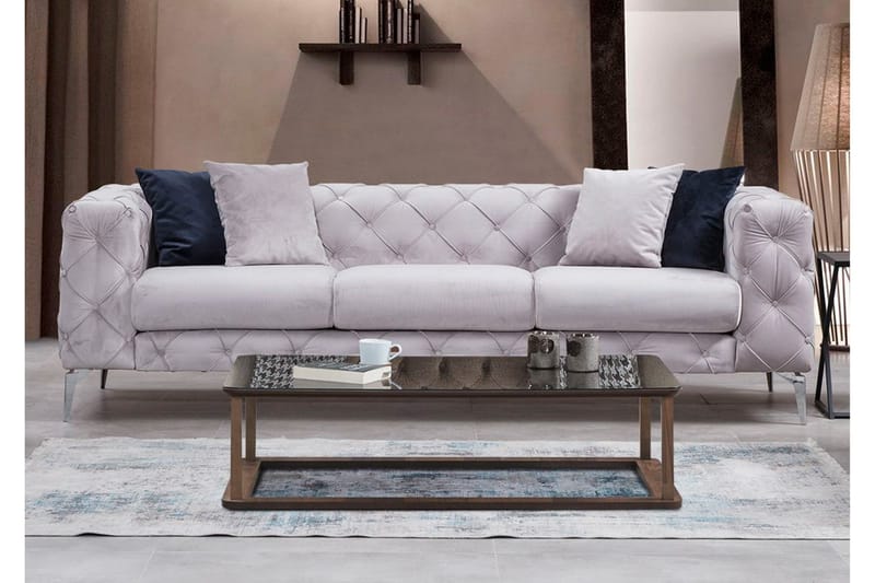 Mezonzo 3-seter Dypknappet Chesterfield Sofa 237 cm i Fløyel - Grå - Møbler - Sofaer - Sofa 3 seter