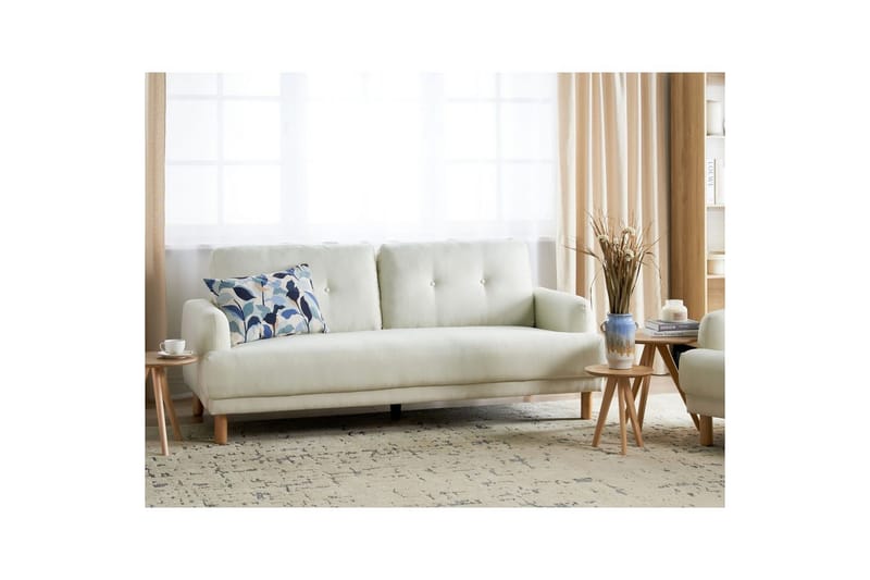 3-sitssoffa Beliani Tuve Beige, ljust trä, Bouclé Offwhite||Light colored wood - Møbler - Sofaer - Sofa 3 seter